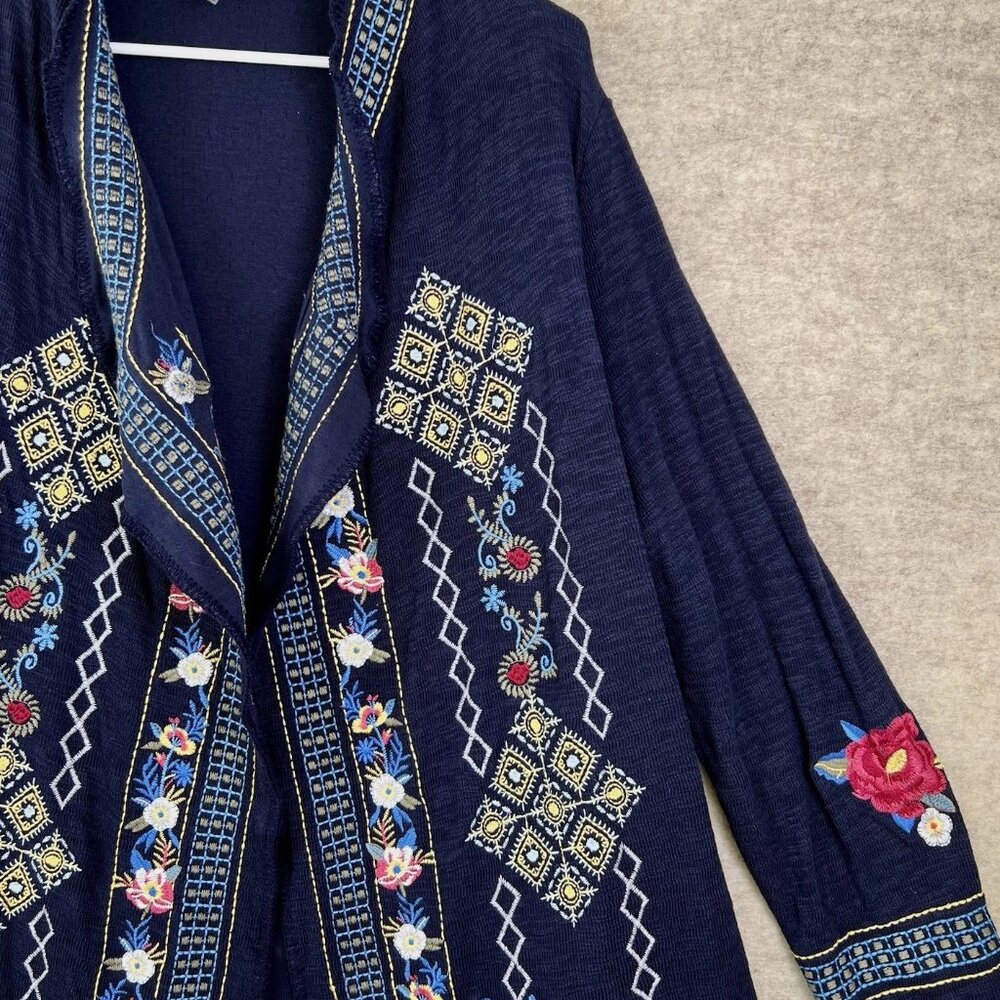 Floriana Size 2X Navy Blue Drape Front Floral Embroidered Cardigan 100% Cotton